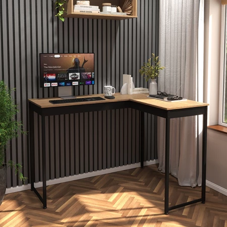 Escrivaninha Mesa de Canto Escritório Home Office em L 110cm Apoio Industrial Preto Tampo Mesa em L Laminado Pier