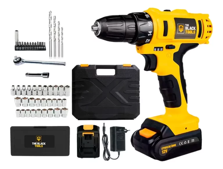 Furadeira Parafusadeira Sem Fio Bateria Tb-12E 12v 3/8 10mm Maleta E Acessórios The Black Tools + Jogo Soquetes 40 Peças