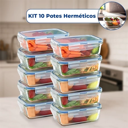 Kit 10 OU 5 Pote de Vidro Hermético Retangular 4 Travas Marmita Fit Microondas Mantimentos