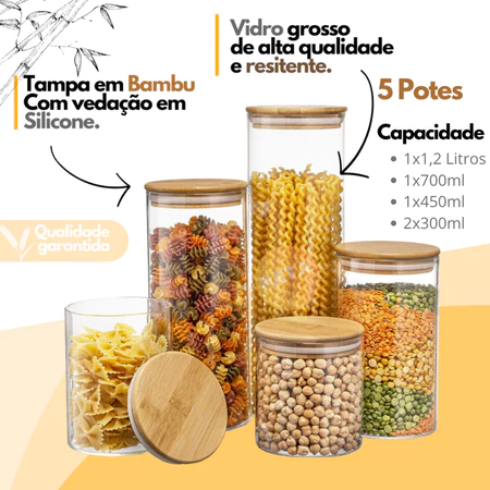 Kit Com 5 Potes Vidro Com Tampa Bambu Super Vedação hermético Conjunto porta mantimento