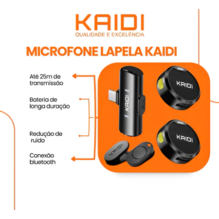 Microfone Lapela Sem Fio Duplo Kaidi Profissional Portátil Imã Redondo Anti Ruído Tipo C iPhone Gravação Celular