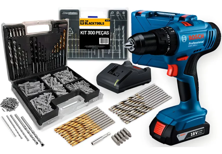 Parafusadeira E Furadeira De Impacto Bosch A Bateria 18v Maleta - Gsb 183-li Com Kit Brocas Buchas E Bits 300 Peças