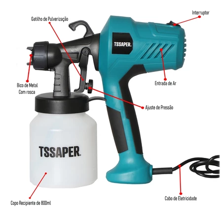 Pistola Elétrica Para Pintura Pulverizador de Tinta com Bico de Metal e Compressor 450w - TSSAPER